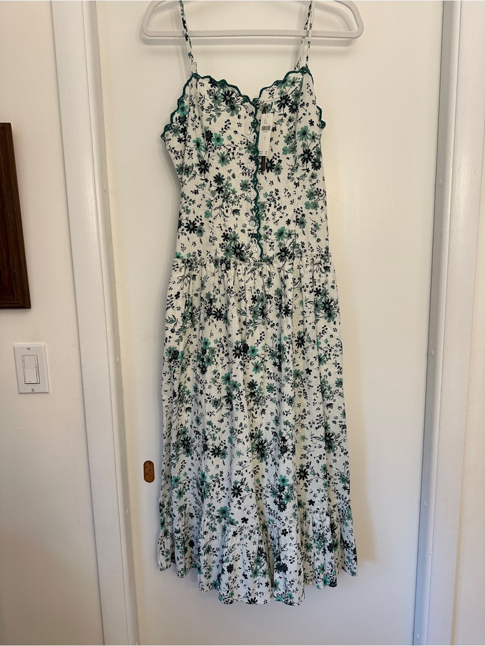 Anthropologie White Floral Midi Dress with Green Trim